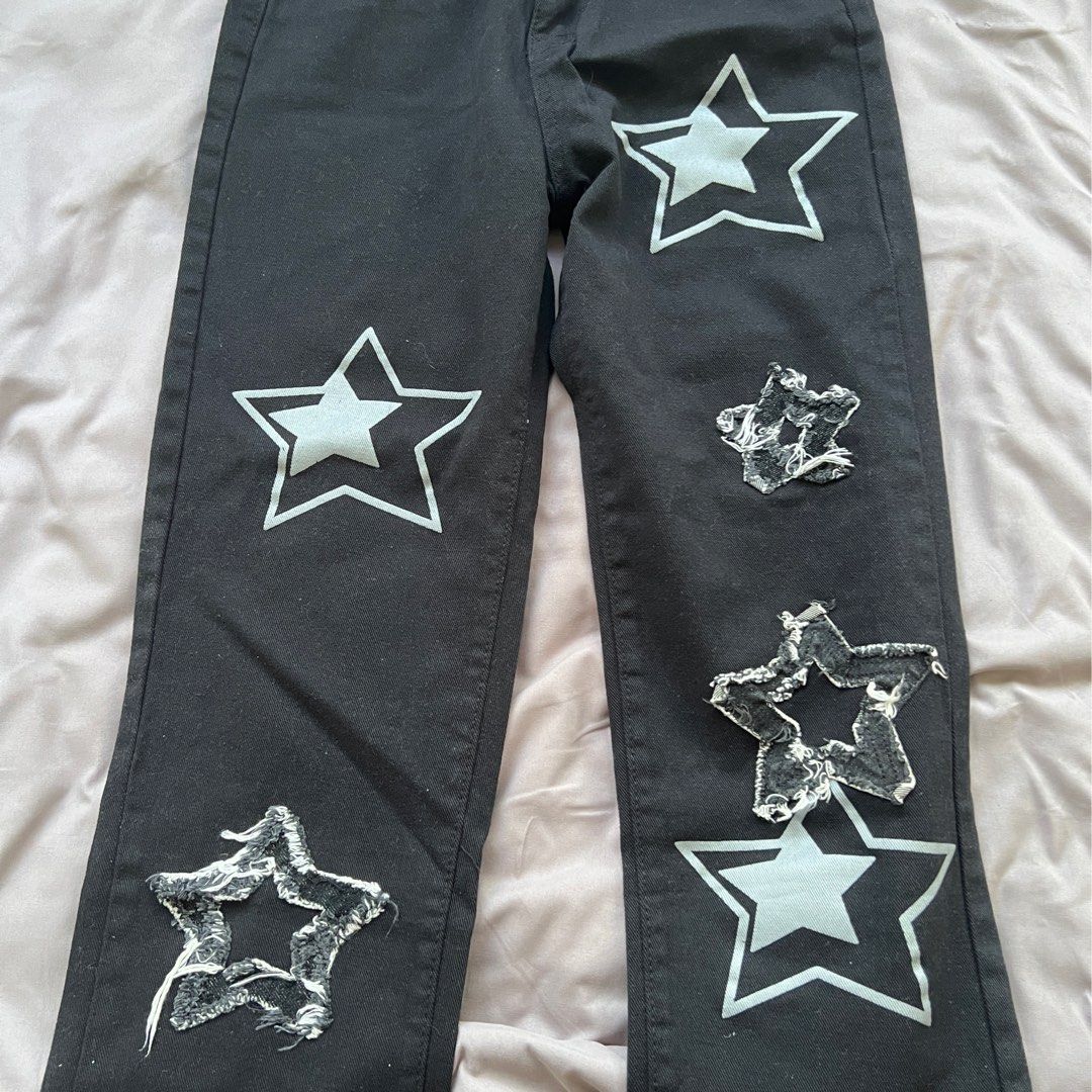 star patchwork black denim jeans | y2k vintage thrift 90s 2000s preppy  downtown streetwear harajuku acubi cottagecore coquette retro aesthetic