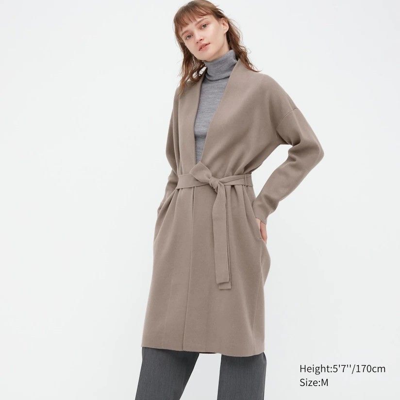 UNIQLO Souffle Yarn Belted Knitted Coat Beige, Women's Fashion