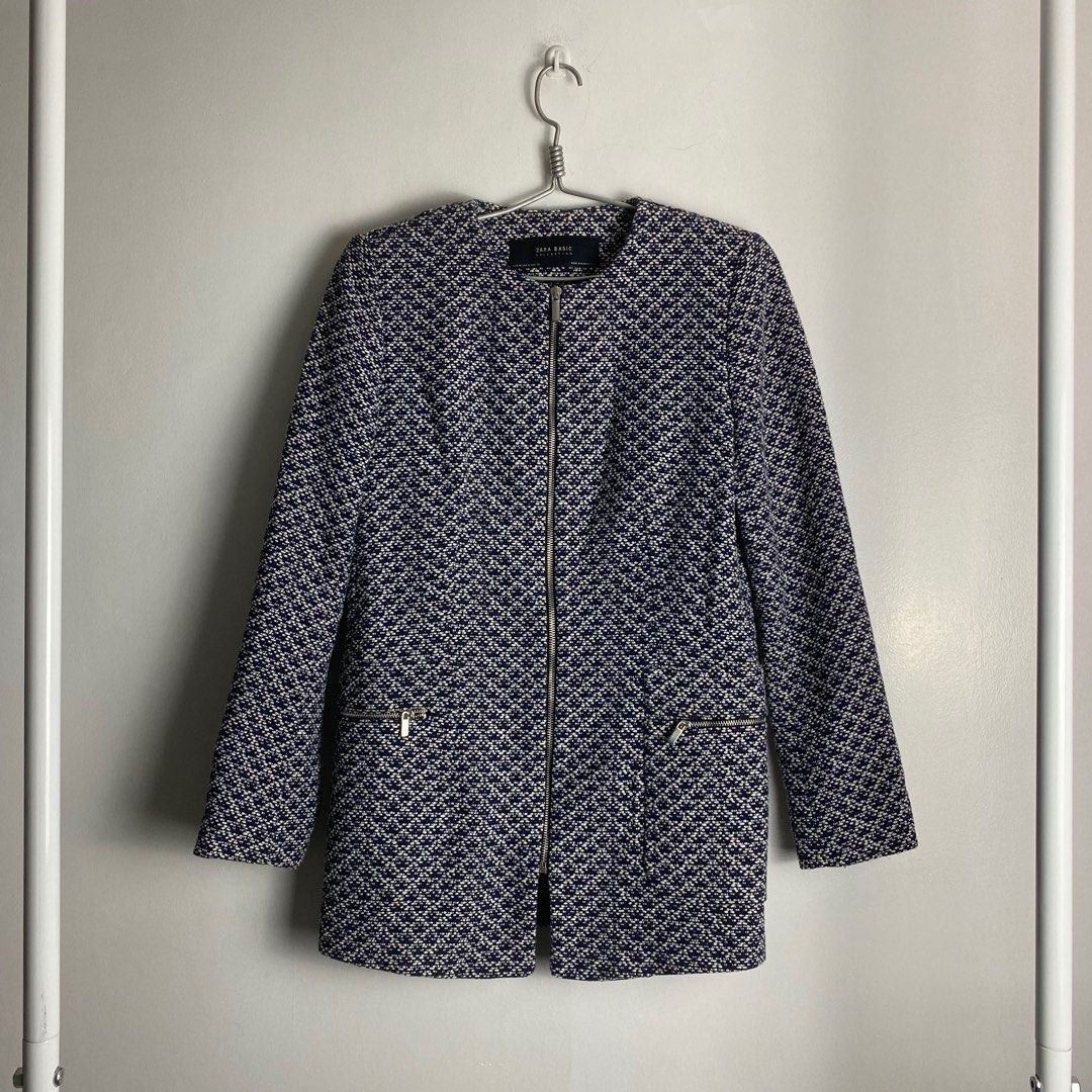 Zara Blue White Textured Frock Tweed Coat Women s Fashion Coats Jackets and Outerwear on Carousell
