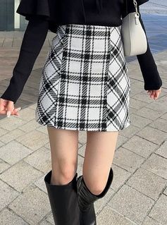 黑白格仔高腰A字短裙64216420118914110
