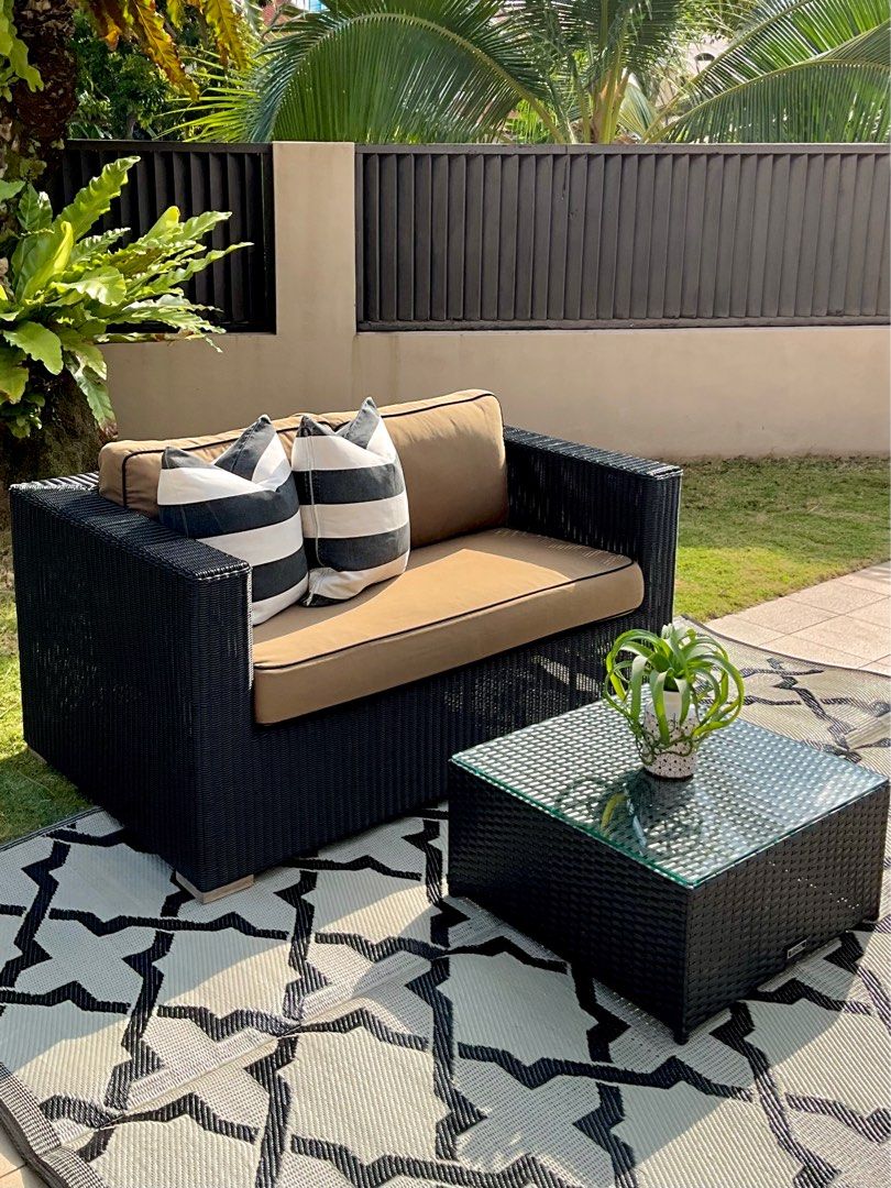 Branded Nauteak Maritime Heritage outdoor lounge sofa with Sunbrella cushion covers c w table engineered rattan for balcony or garden