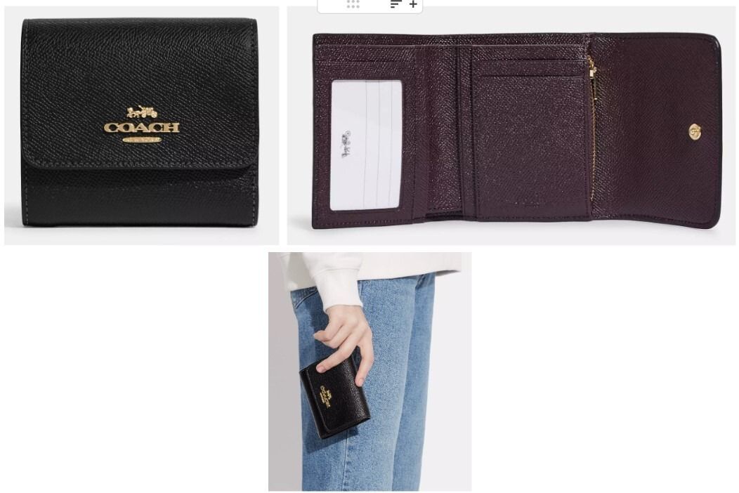 COACH Small Trifold Wallet (Black) (Category: Luxury Bags & Wallets) located in Cavite. Submitted by mgracefernandez14 (Listing ID 1289867222, Image 2). Description: COACH Small Trifold Wallet (Black) 2pcs available on hand Crossgrain leather Two credit card slots Full-length bill compartment ID window Zip coin pocket Snap closure Outside open pocket 4 1/4" (L) x 4" (H) x 1/2" (W) Comes with tag and care card 100% Original - Purchased directly fr