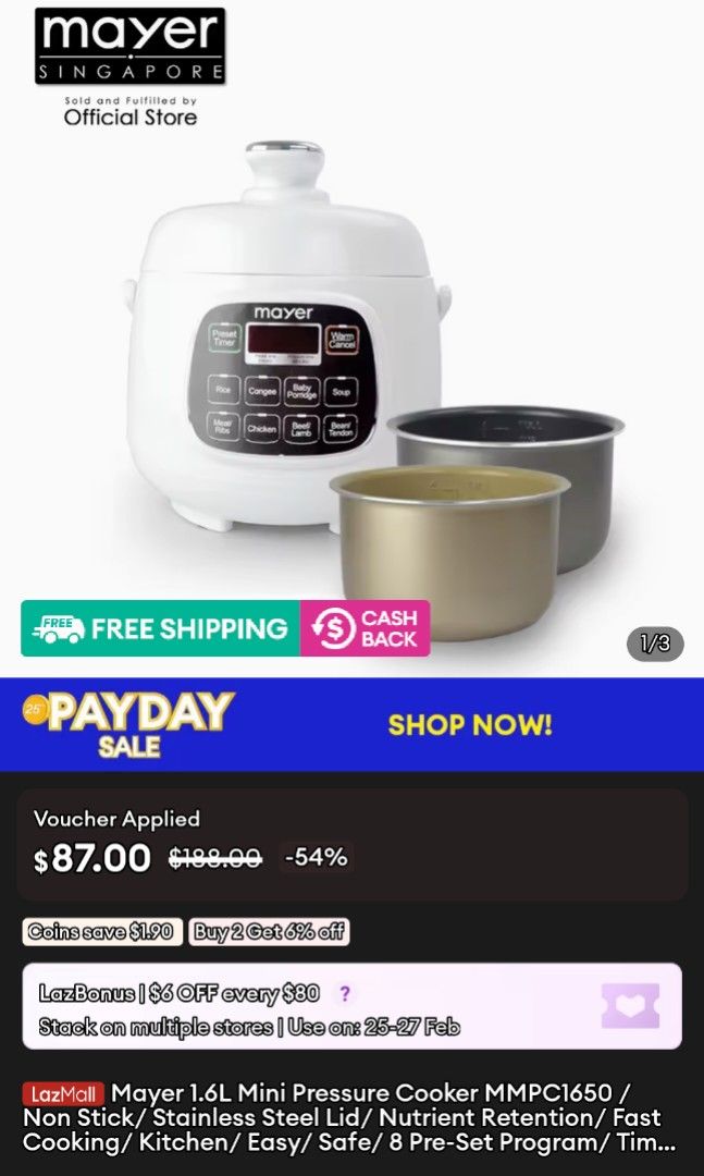 Mayer 1.6 l sales mini pressure cooker mmpc1650
