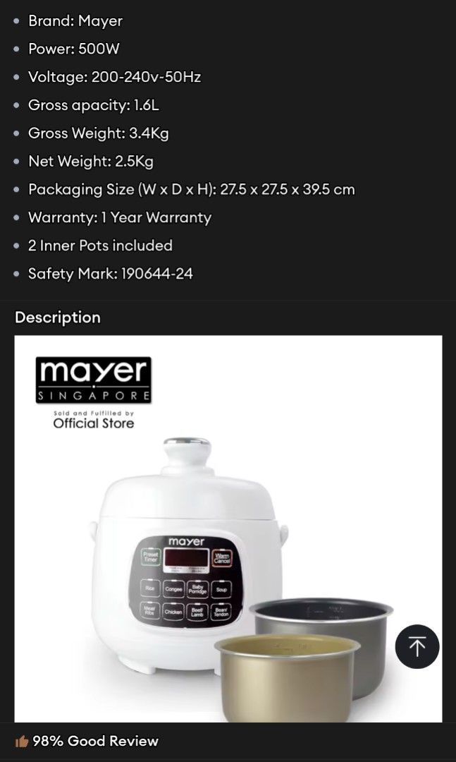Mayer 1.6 l hot sale mini pressure cooker mmpc1650