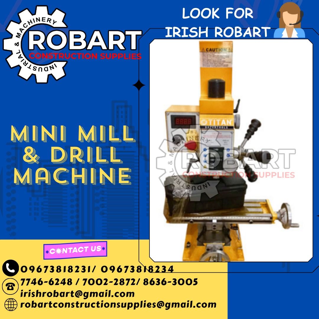 MINI MILL & DRILL MACHINE (Category: Construction Tools & Equipment) located in Manila. Submitted by irishrobart_22 (Listing ID 1289764584, Image 1). Description: (TITAN) MINI MILL & DRILL MACHINE Model no: TST-MMD13V Max Drilling Capacity: 13mm Max Facemill Capacity: 16mm Max End Mill Capacity: 30mm Max Distance From Spindle tp Able: 300mm Working Table Size: 460 x 110mm Swivel Angle of Headstock: +45° Spindle Taper: MT3/R8 Spindle Speed: L:50-1
