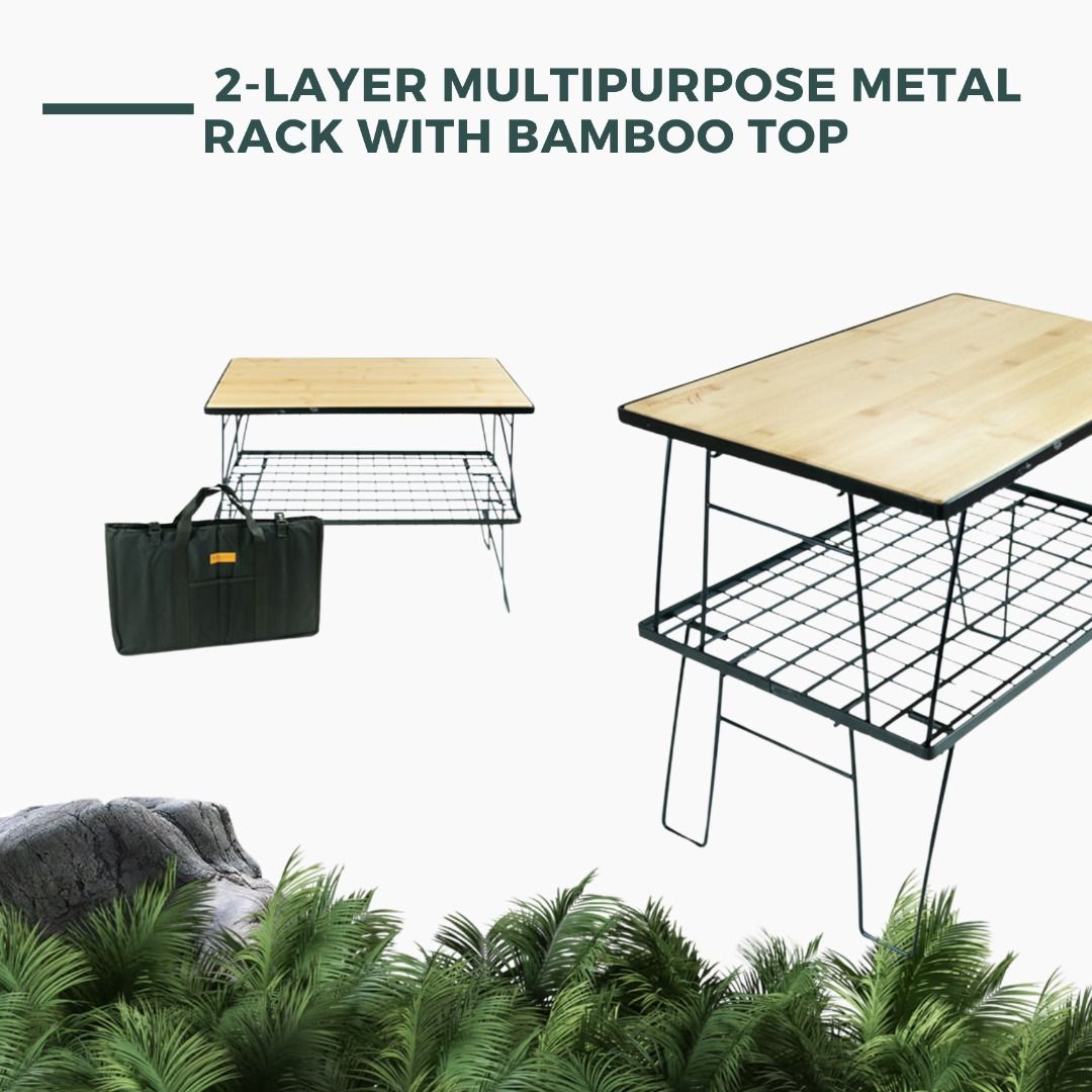 Camping 2-Layer Metal Rack with Bamboo Top, Sports Equipment, Hiking ...