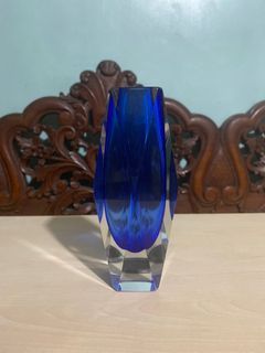 Murano Blue Glass Vase Faceted Geometric Authentic