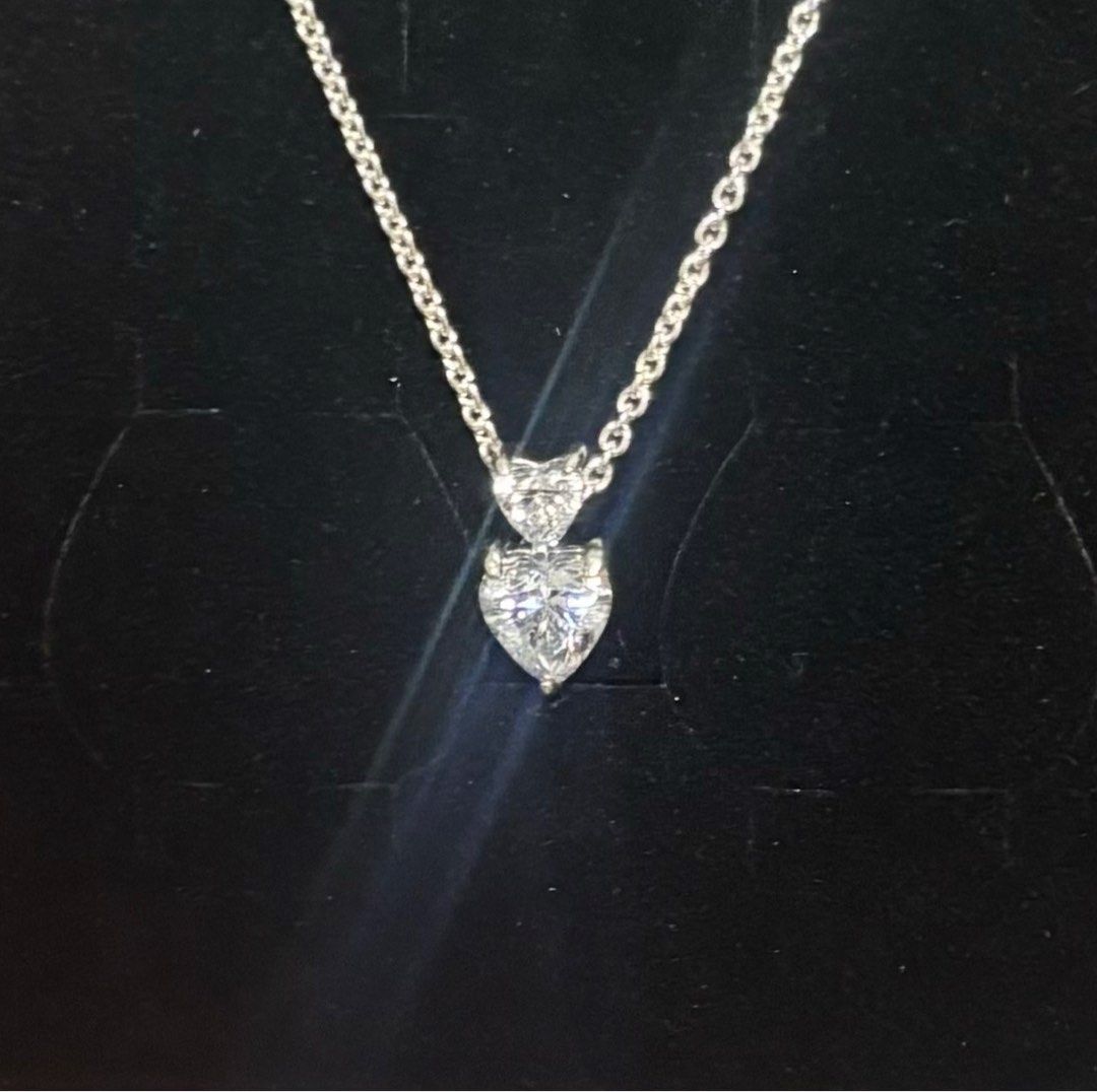 Double Heart Pendant Sparkling Collier Necklace, Sterling silver