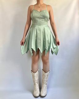 Pastel Green Lace Silk Handkerchief Hem Fairycore y2k Mini Dress