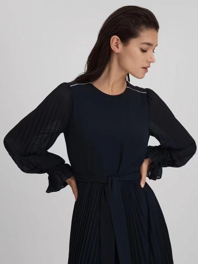 Reiss Nude Navy Blue Pleated Belted Midi Dress UK 4 UK 12
