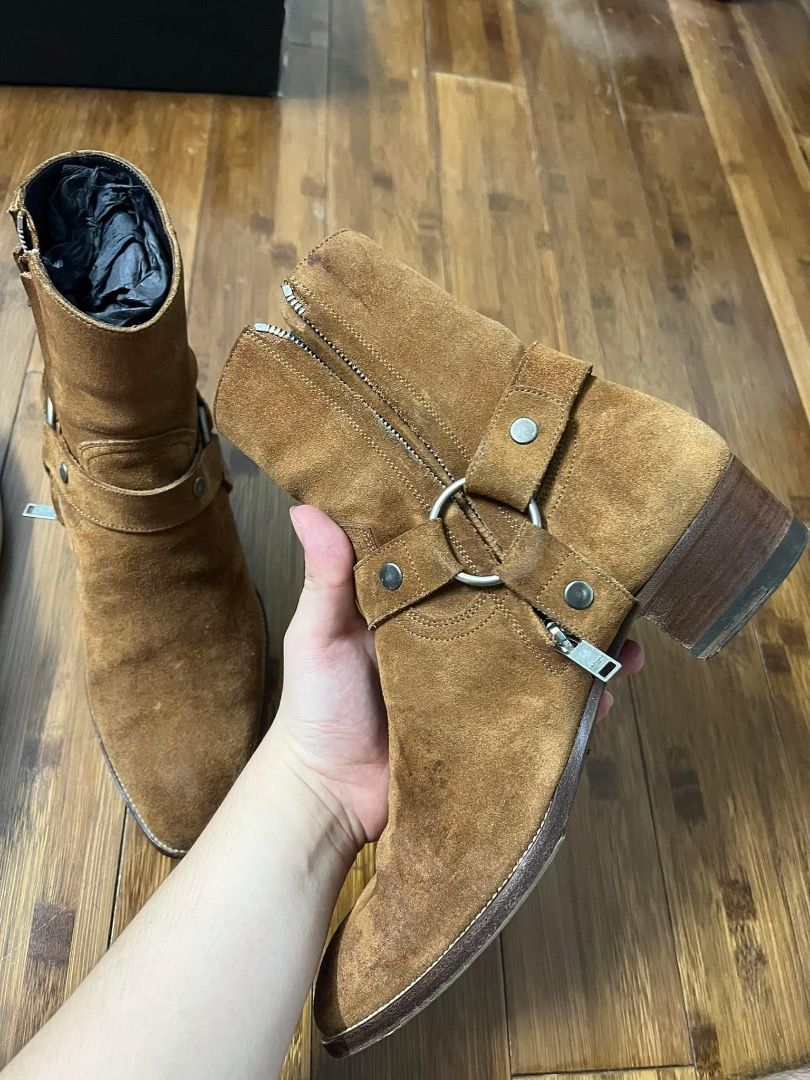 SAINT LAURENT SUEDE WYATT HARNESS BOOTS IN TAN COLOUR Men s