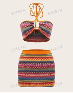SHEIN ICON Geo Print Contrast Binding Tie Backless Crop Halter Top & Skirt Two Piece Set