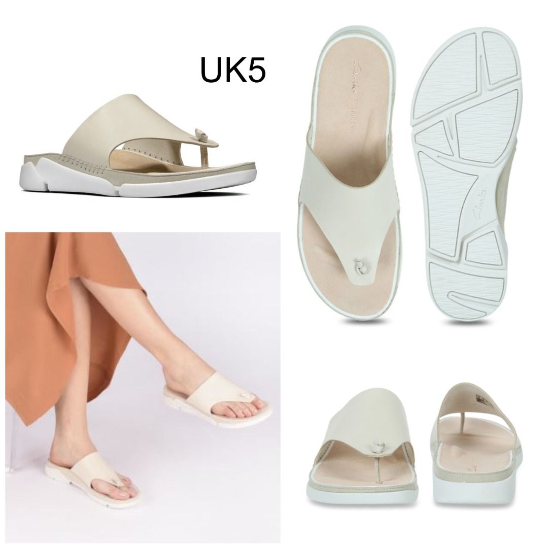 UK5 Clarks Tri Toe Post White Leather Sandal Shoes Slipper Selipar Kasut Kulit Putih Women s Fashion Footwear Sandals on Carousell