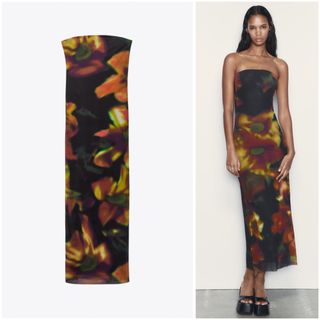 ZARA BNWT 2023. TULLE PINK ORANGE TIE DYE TUBE DRESS ARTY PRINT