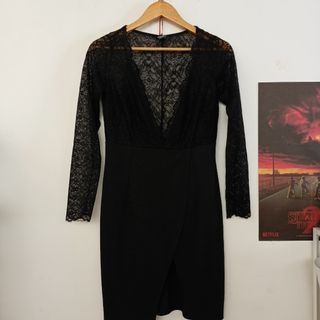 Zeagoo Black Long Sleeve Lace Insert Wrap Mini Dress