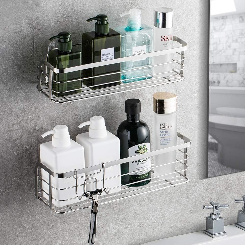 2 Pack Adhesive Shelf Shower Caddy Basket with Hooks, No Drilling