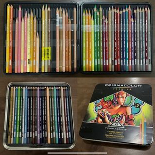67 pcs. (61 pcs. Prismacolors, 5 pcs. Polychromos, 1 pc. Caran d'Ache) used and unused color pencils w/ box