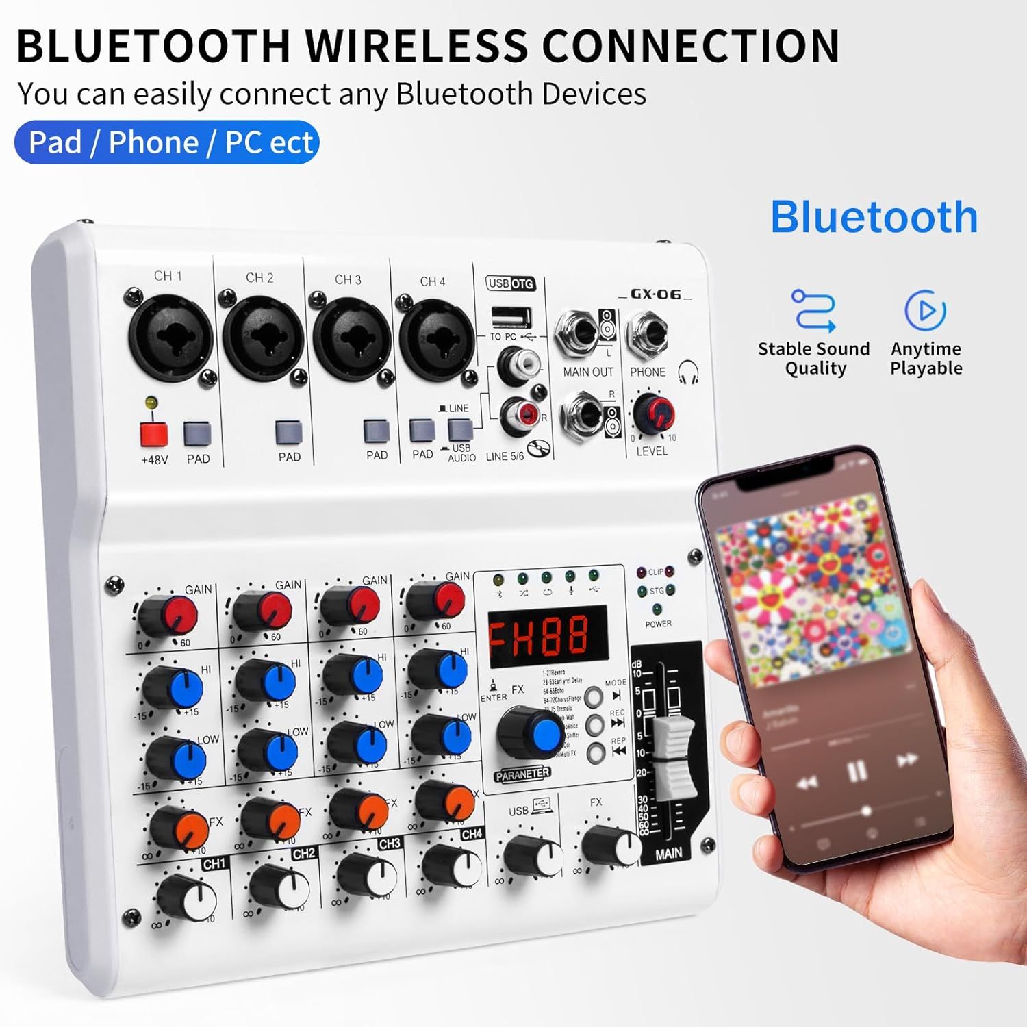 6-Channel Audio Mixer with 99 Sound Effects for PC,Portable Sound Mixing  Console with Bluetooth USB Recording Input for Live Streaming,Podcasting,DJ 