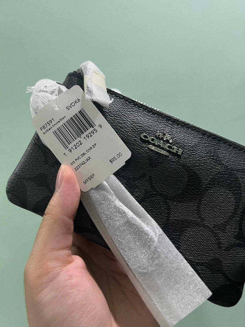 Brand new Original Authentic Coach Signature PVC Double Corner Zip Wristlet Smoke Black Color Signature Canvas Unisex Small Wallet Luxury Bags Wallets on Carousell