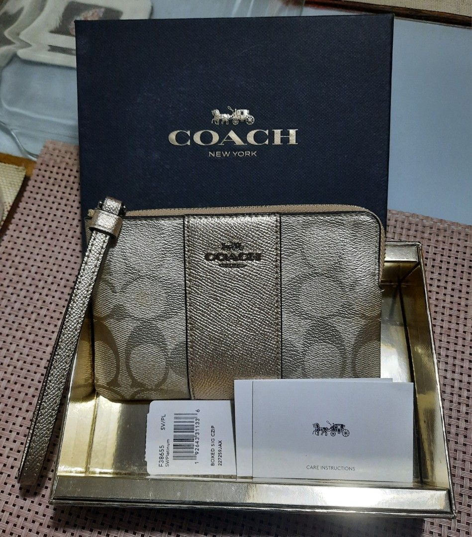 COACH metallic signature corner zip with stripe Women s Fashion