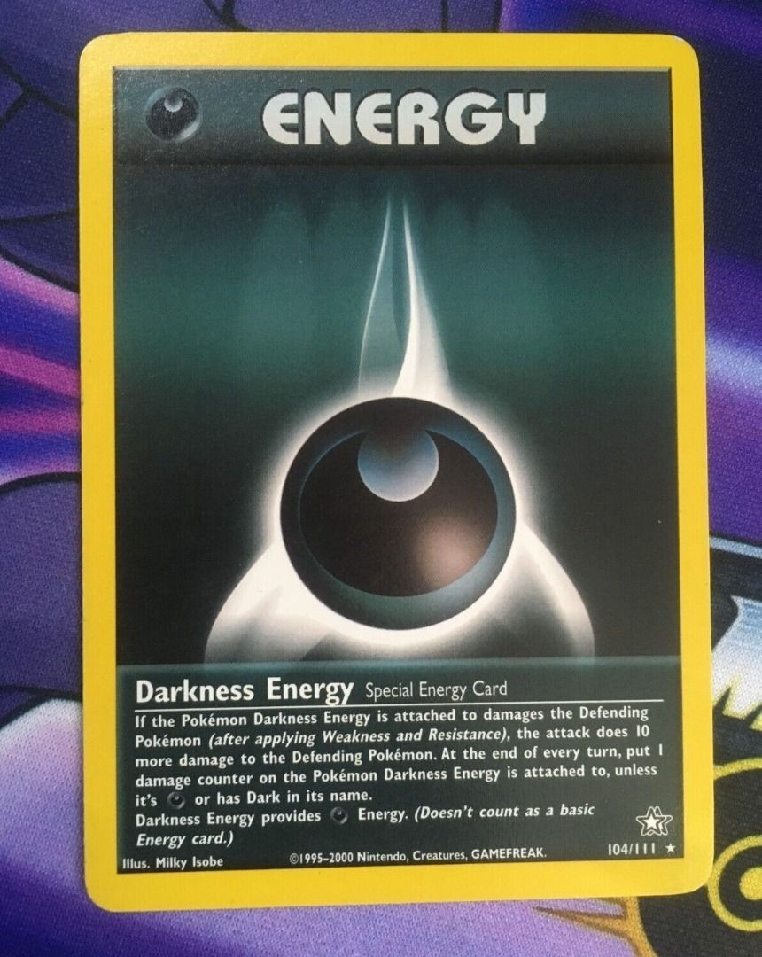 Darkness Energy 104/111 Rare 1st edition Neo Genesis Pokemon Card TCG  Vintage Authentic Original, Hobbies & Toys, Toys & Games on Carousell