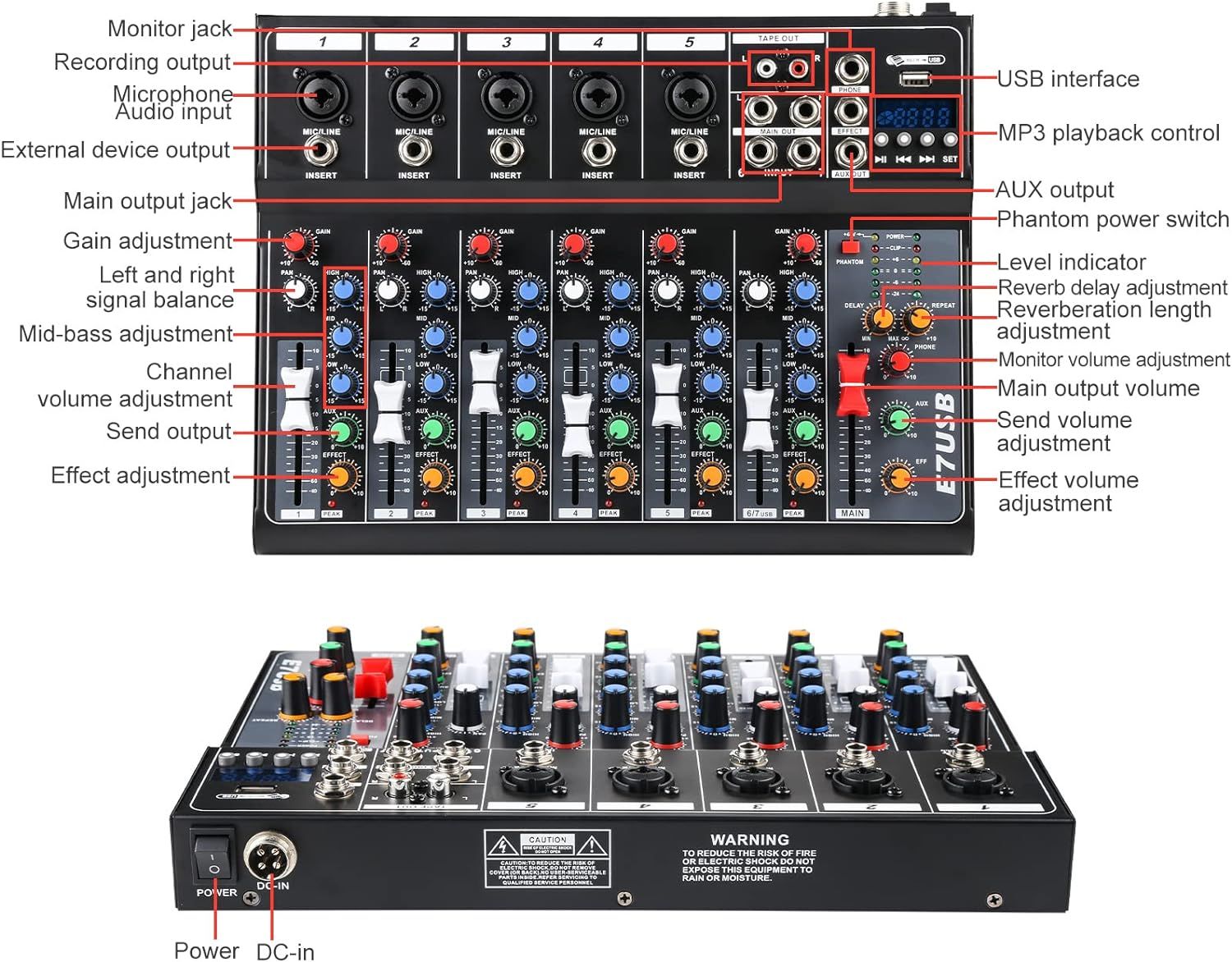 Dj Mixers 7 Channel Audio Mixer Sound Board with Bluetooth, Usb Audio ...
