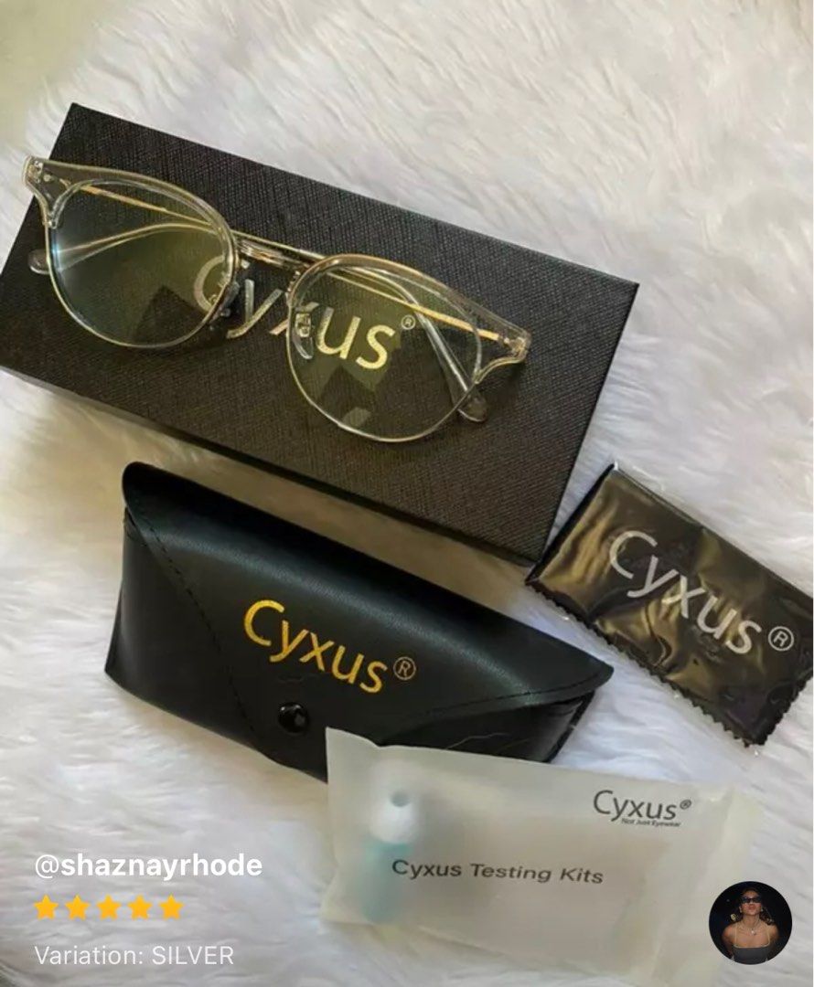 Eyeglasses Frame Cyxus Anti Blue Light (Category: Sunglasses & Eyewear) located in Cebu City. Submitted by belly.dego (Listing ID 1289937279, Image 1). Description: Eyeglasses Frame Anti Blue light lens Can change lens with grade with complete Testing kit Silver/ Clear frame When worn photos samples posted ctto Very flattering .