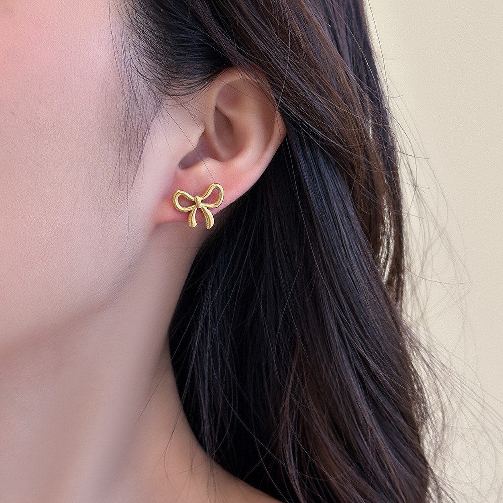 Gold Ribbon Bow Stud Earrings Women s Fashion Jewelry