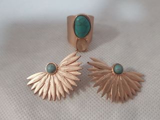 IMPORTED Unique Rose Gold Fan Earrings with Turquoise Inlay and matching Ring  A217 Rings