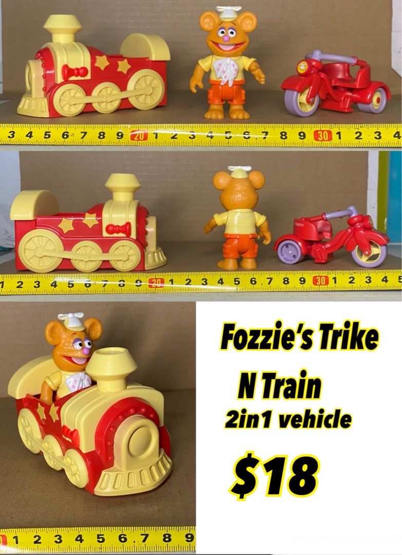 Muppet Babies Miss Piggy Trike Carriage 20 Fozzie s Trike N Train 18 6 Pack Playroom Figure Set 25 6 Piece Rocksplosion Figure Set 25