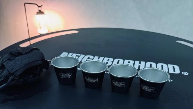 NBHD STAINLESS STEEL CUP SHOTS TEQUILA ALCOHOL SOJU BEER WINE HARD LIQUOR MARTEL PARTY EVENT PORTABLE DURABLE BLACK GIFT PRESENT BIRTHDAY HOUSE WARMING BTO EC CONDO POUCH ARMY MILITARY OUTFIELD ESSENTIAL KID TODDLER PICNIC HARI RAYA STANLEY (Category: Dinnerware & Cutlery) located in Singapore. Submitted by hypeone (Listing ID 1290094698, Image 1). Description: NBHD SHOTS CUP x4 POUCH x1 WIDTH 5CM HEIGHT 4.5CM.