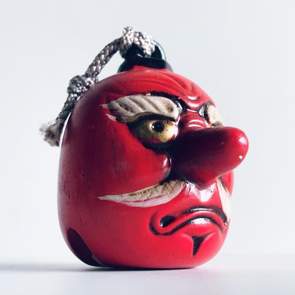 昭和伝統的な陶器のお福さん と 天狗の両面土鈴 天狗