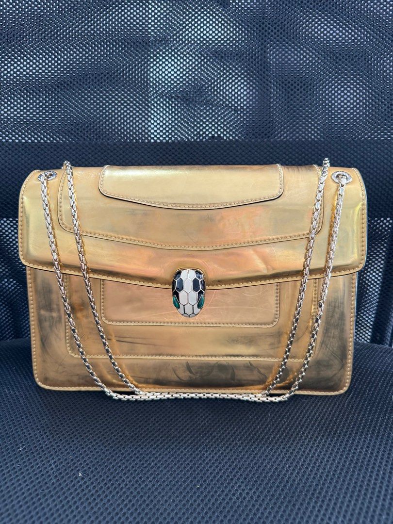 Bvlgari serpenti bag (Category: Luxury Bags & Wallets) located in Pasig City. Submitted by tuborgtrading (Listing ID 1290163446, Image 1). Description: Bvlgari serpenti bag authentic SERPENTI FOREVER SHOULDER BAG medium gold lightly used bvlgari cards no dust bag website brand new price $4,250 excluding taxes.