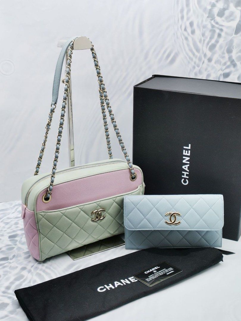 CHANEL MEDIUM CAMERA CASE TRICOLOR LAMBSKIN LEATHER CHAIN BAG SOFT GREEN PINK BLUE IN LIGHT GOLD HARDWARE FULL SET