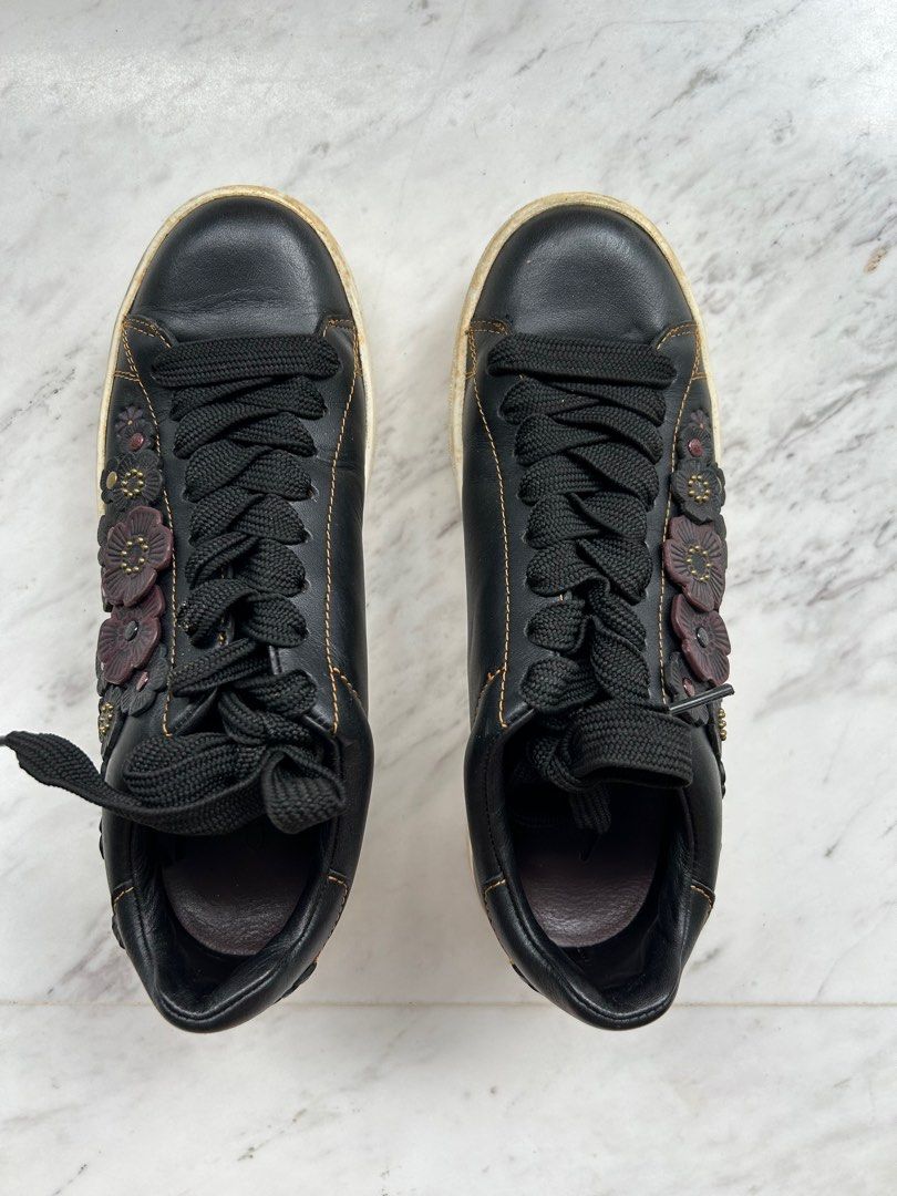 Coach Tea Rose Black Leather Sneakers Size EU36.5 Women s Fashion