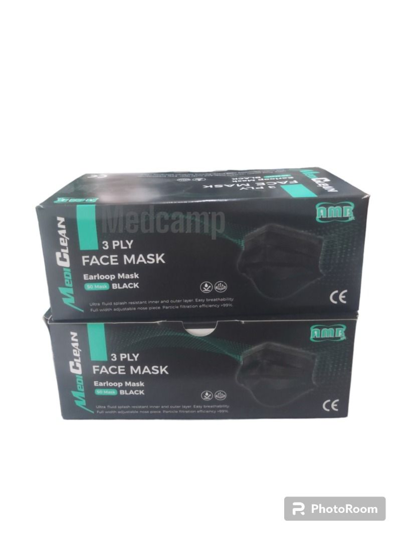 Face Mask Earloop Mediclean 50's (Blue, Green, Black) (Category: Medical Supplies & Tools) located in Manila. Submitted by medcamp (Listing ID 1290131645, Image 3). Description: Ultra fluid splash resistant inner and outer layer. Easy breathability. Full width adjustable nose piece. Particle filtration efficiency. ● Premium Series, Medical Grade. ● 3-Ply, Latex Free. ● Fluid-Resistant. ● Face Mask type – N88 ● 50 pcs per box Mask Color black gree