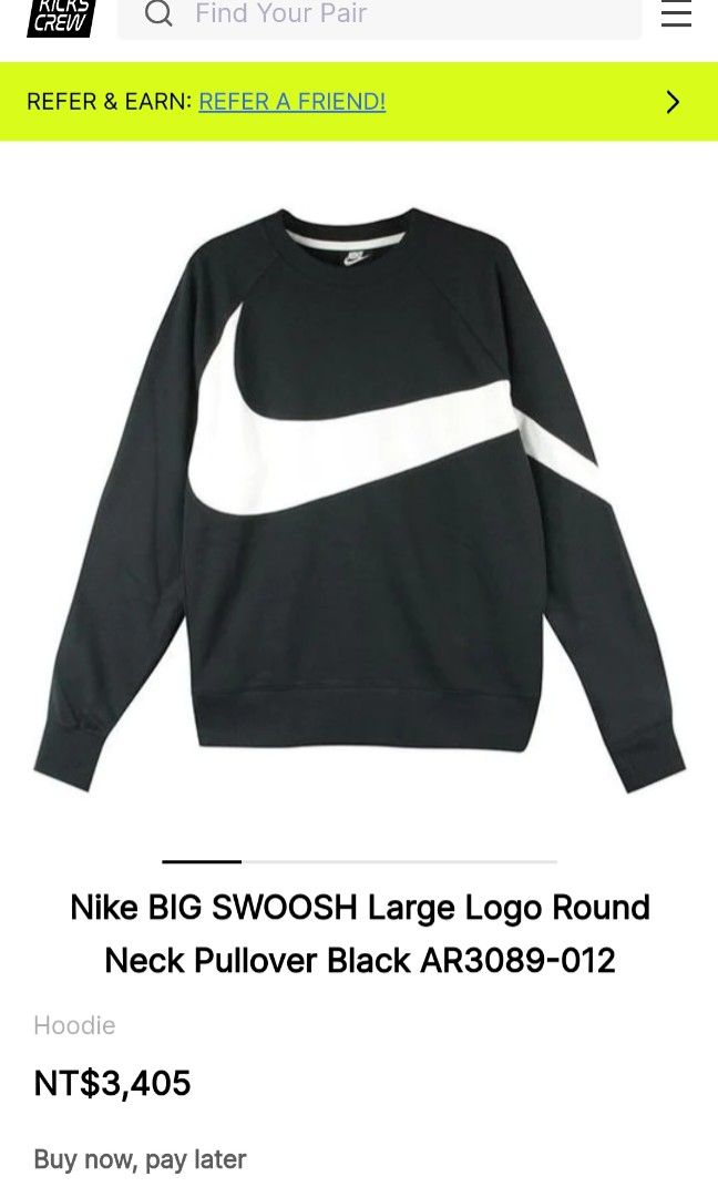 Nike BIG SWOOSH Large Logo Round Neck Pullover Black AR3089-012