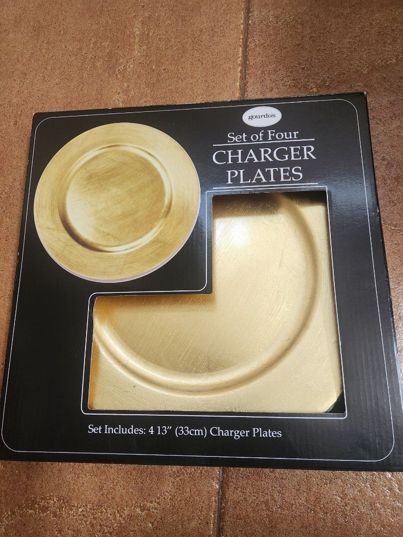 Plate chargers ( Gourdo's) (Category: Other Kitchenware & Tableware) located in Cainta. Submitted by mama.sells (Listing ID 1290149950, Image 1). Description: 2 pcs plate chargers ( GOLD) Size - 13 " dia *these are extra pcs from 2 sets of 4=8, since oir table is only for 6*.