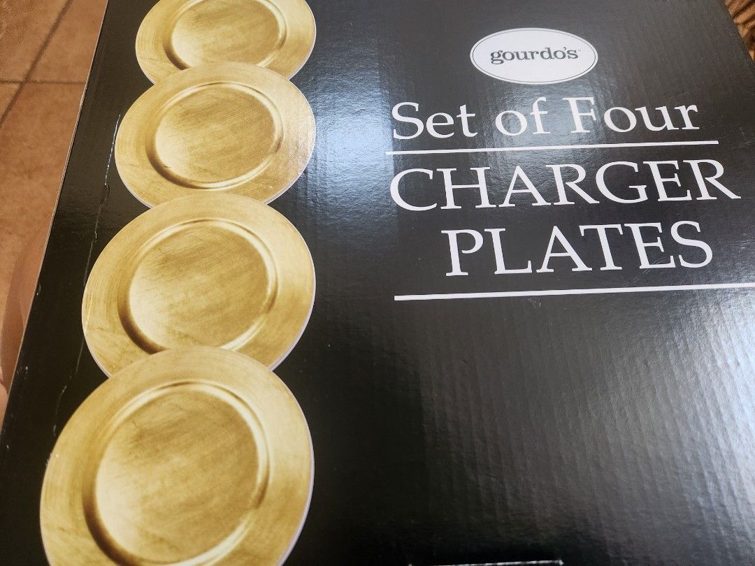 Plate chargers ( Gourdo's) (Category: Other Kitchenware & Tableware) located in Cainta. Submitted by mama.sells (Listing ID 1290149950, Image 3). Description: 2 pcs plate chargers ( GOLD) Size - 13 " dia *these are extra pcs from 2 sets of 4=8, since oir table is only for 6*.