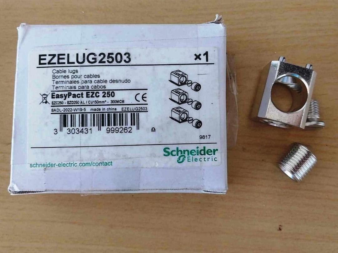 Schneider EasyPact EZC250 EZELUG2503 Cable lug (Category: Lighting) located in Batangas. Submitted by maul653 (Listing ID 1290105603, Image 1). Description: Schneider EasyPact EZC250 EZELUG2503 Cable lug. Cable Lug for EASYPACT Molded Case Circuit Breakers. Original; only 1 pc with box; Leftover from a set. Payment: Bank deposit (BPI, BDO, Metrobank), GCash. Delivery: Via J&T Express, cost to be shouldered by the buyer. Payment required before de