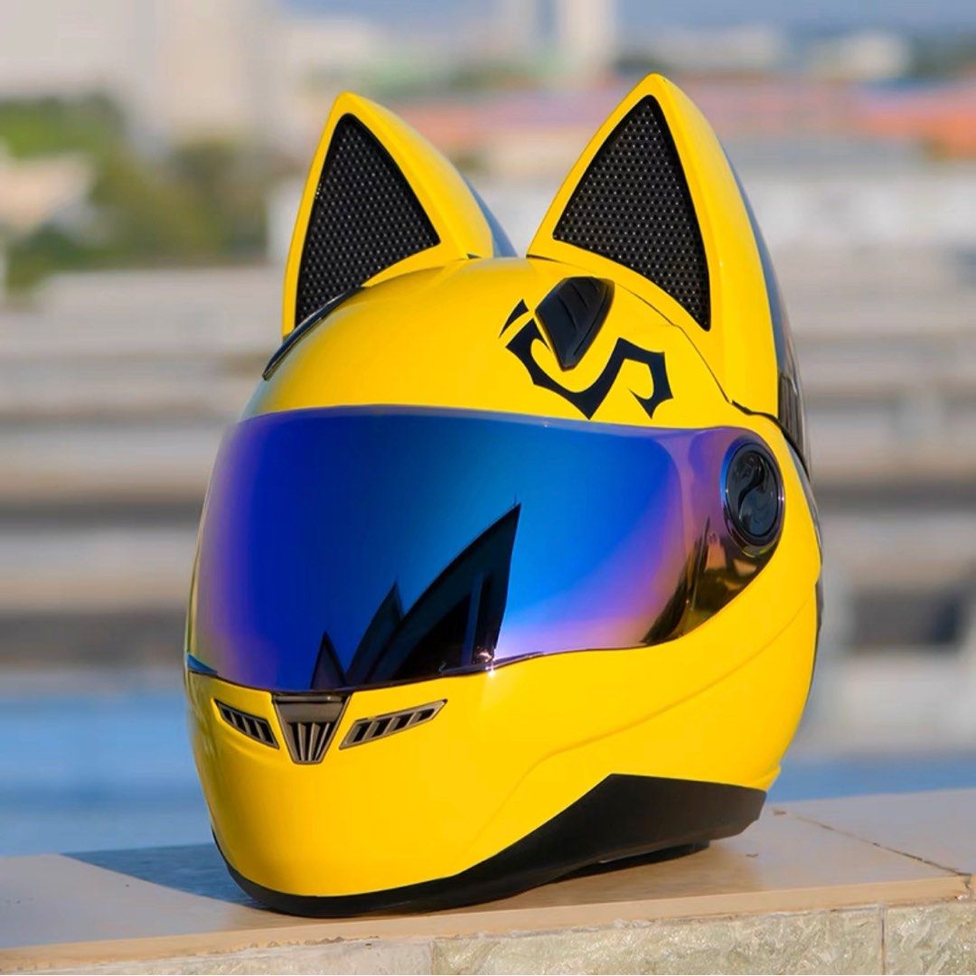Yellow Cat Fox Ears Full Face Motorcycle Helmet Motorbike Bike RG
