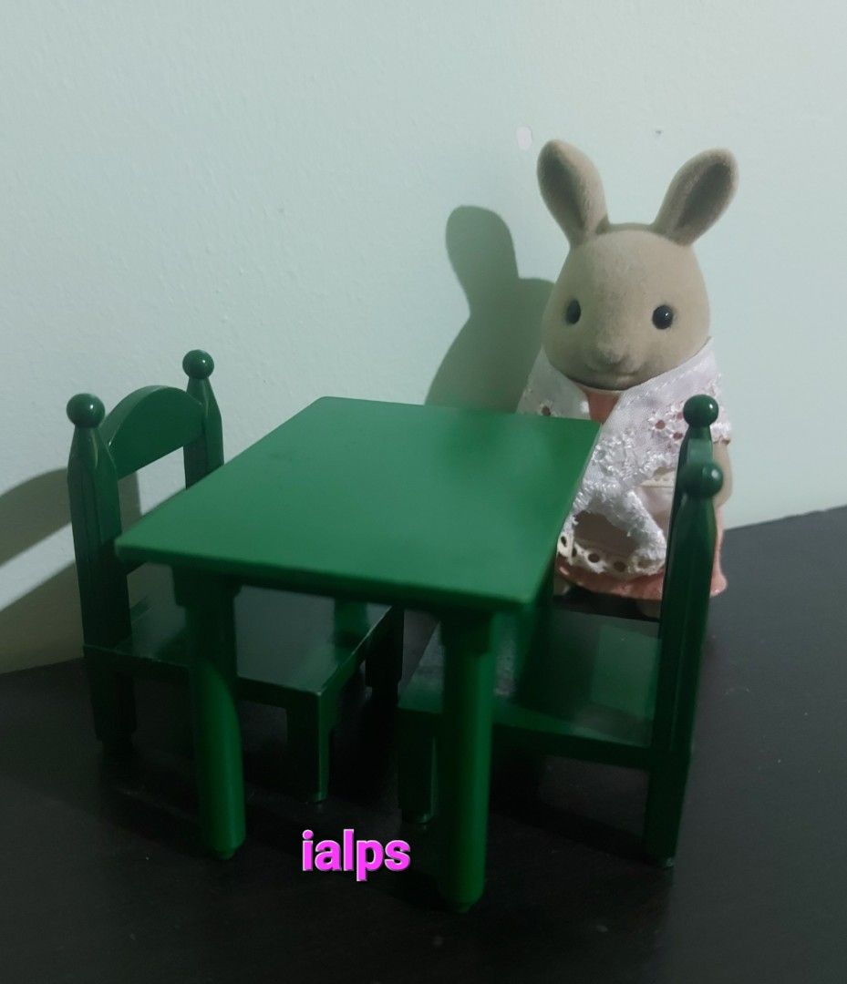 1985 Sylvanian Families Rectangular Dining Table with Two Chairs (Category: Vintage Collectibles) located in Angono. Submitted by lpsflover (Listing ID 1290355372, Image 1). Description: Great paint condition. No original box. In good condition but still, manage your expectations on used items. Payment via BPI or BDO. Shipping via Lalamove..
