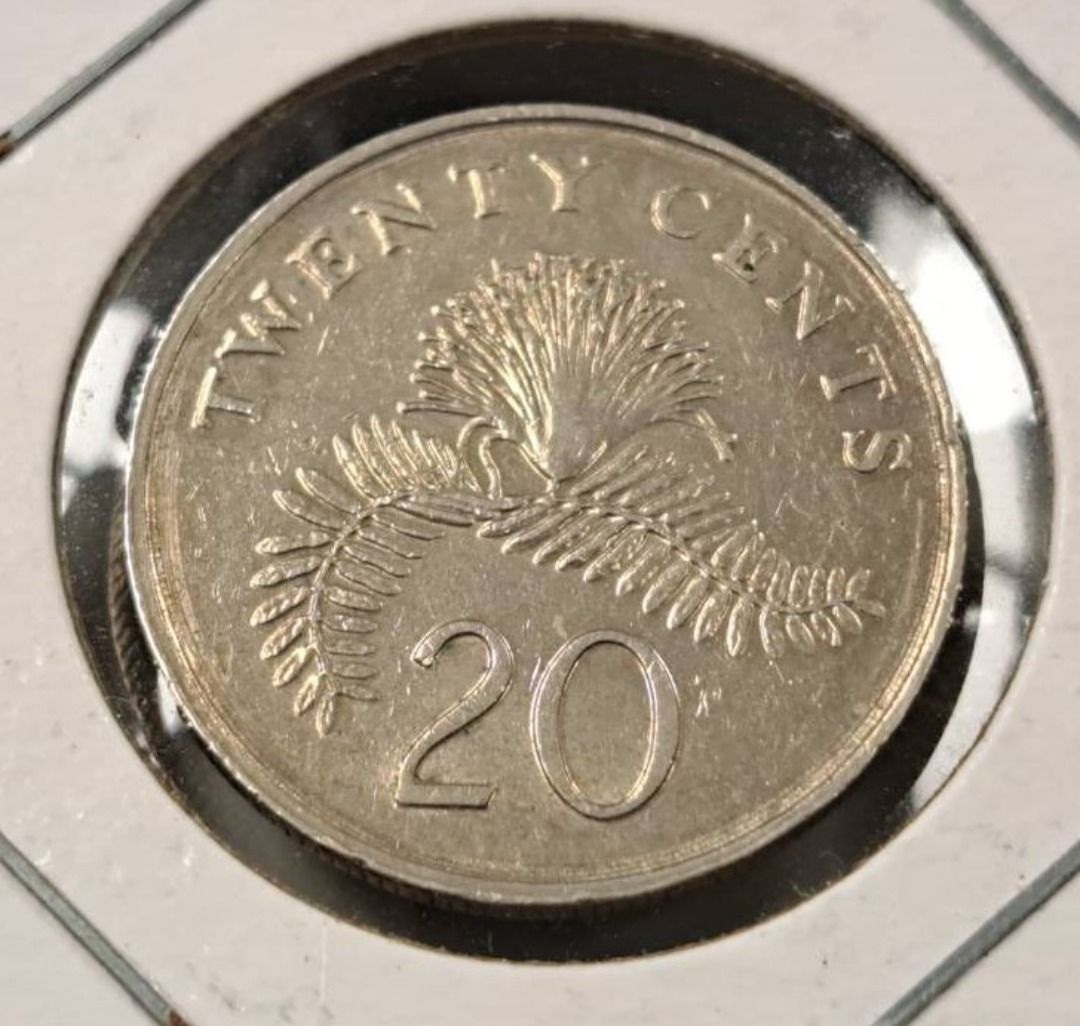 絕版硬幣--新加坡1991年20分-舊國徽-多文字幣(Singapore 1991 20 Cents-ribbon upwards),  書籍、休閒與玩具, 收藏、紀念品, 錢幣、紙鈔在旋轉拍賣