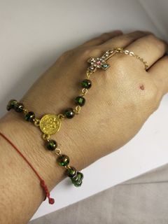 Beautiful Indian beads green crystal with evil eye cross protection rosary bracelet ring
