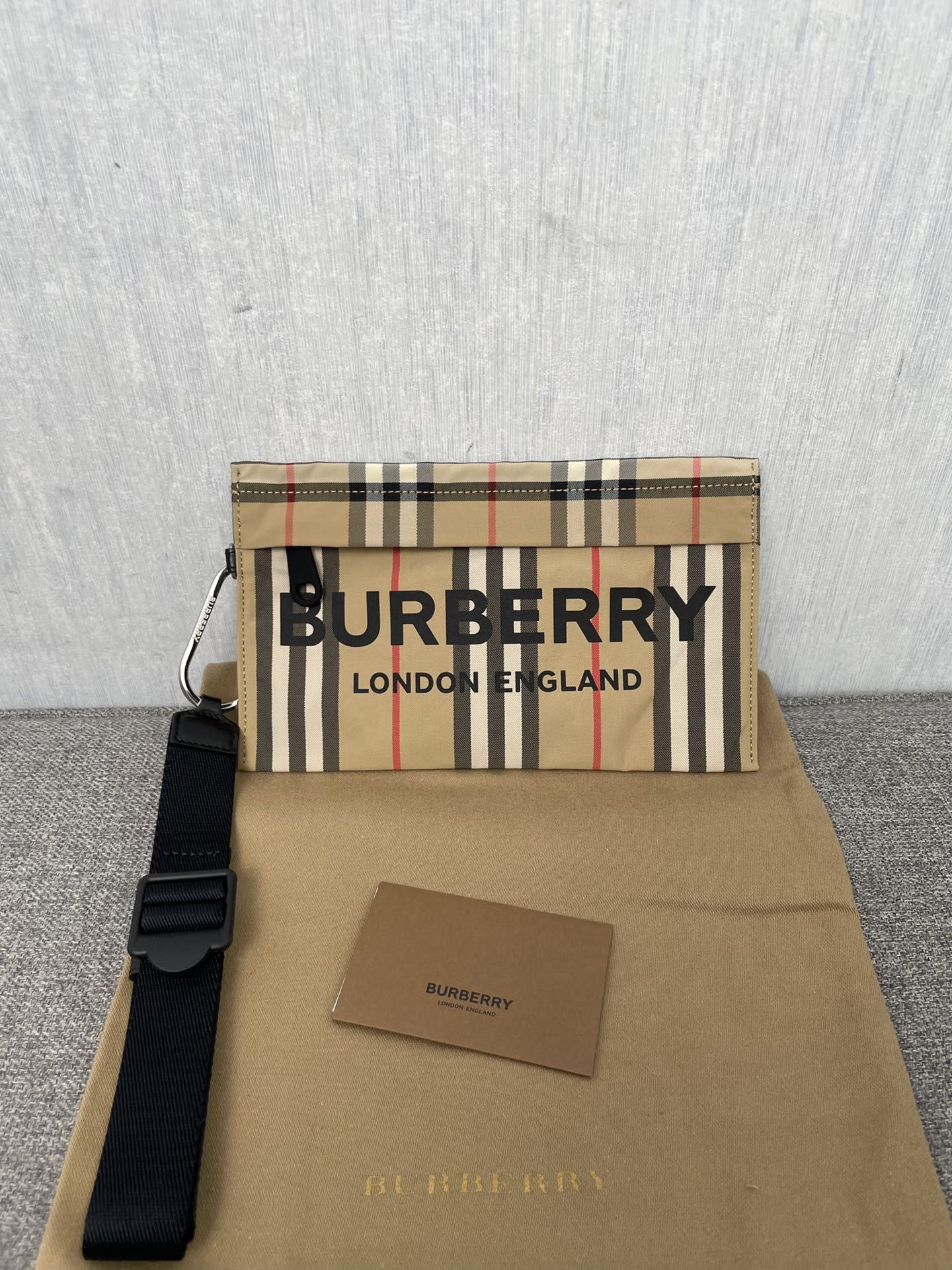 Burberry TAG Logo Zip Wristlet Pouch Heritage Stripe Nylon Handbag