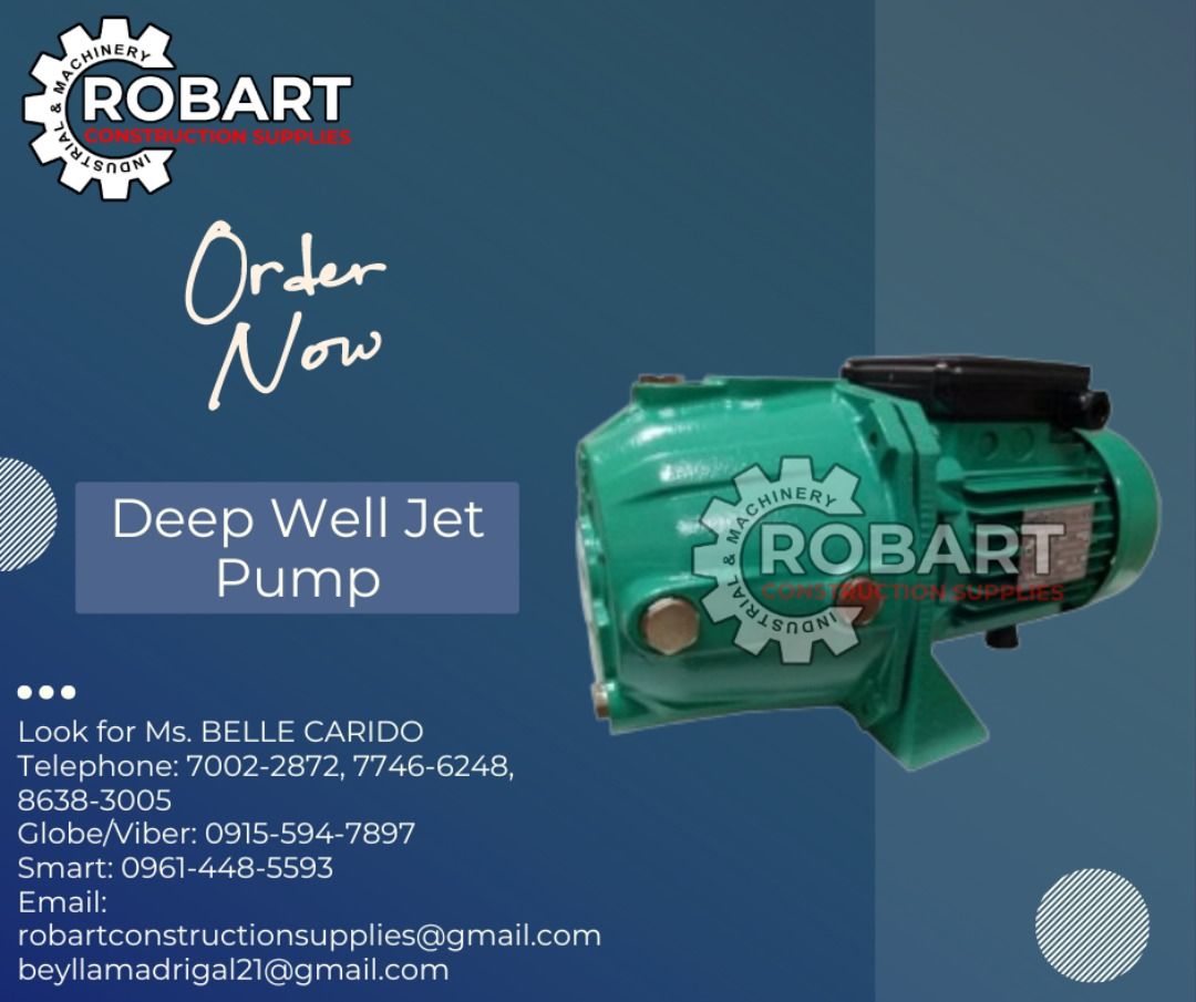 Deep Well Jet Pump (Category: Construction Tools & Equipment) located in Manila. Submitted by bellarobart (Listing ID 1290335160, Image 1). Description: Deep Well Jet Pump Brand: Wilo Model: DWP 1.0 𝑹𝑶𝑩𝑨𝑹𝑻 𝑪𝑶𝑵𝑺𝑻𝑹𝑼𝑪𝑻𝑰𝑶𝑵 𝑺𝑼𝑷𝑷𝑳𝑰𝑬𝑺 #RobartConstructionSupplies #robartph #constructionmaterials #industrialsupply Office Address: 1405 Yuseco St. Sta Cruz Manila SEND US MESSAGE FOR INQUIRIES ‼️‼️ 🔵 100% Trusted Supplier 🔵 Compet