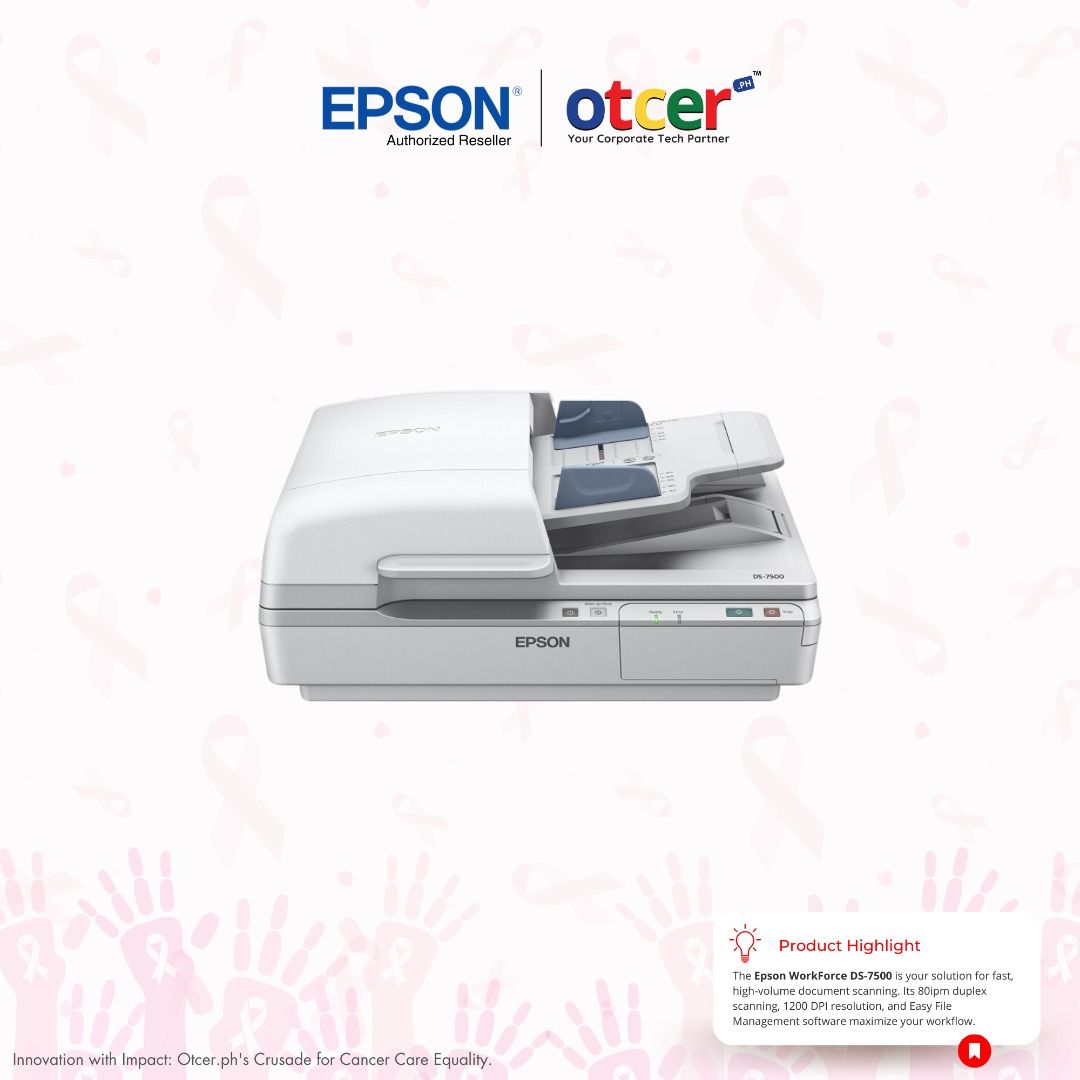 Epson WorkForce DS-7500 (Category: Printers, Scanners & Copiers) located in Pasig City. Submitted by otcer.philippines (Listing ID 1290435151, Image 1). Description: Protect your business from document disasters! The Epson WorkForce DS-7500 secures your data with searchable PDFs, cloud backups, and double-feed prevention for accurate digitization. Invest in peace of mind for Php 81,990.00. Contact us: https://otcer.ph, +63 919 839 9123, or sales@