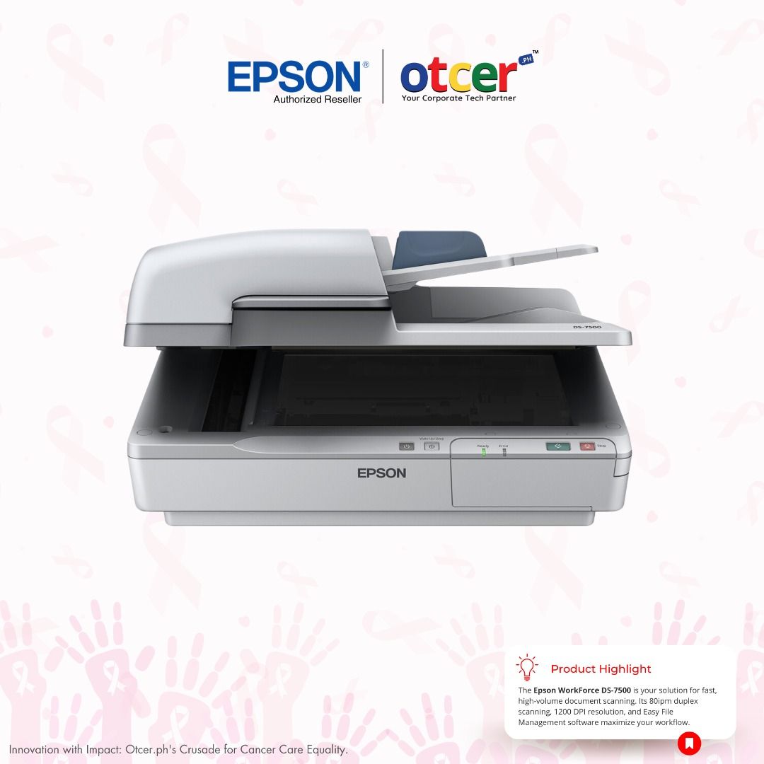 Epson WorkForce DS-7500 (Category: Printers, Scanners & Copiers) located in Pasig City. Submitted by otcer.philippines (Listing ID 1290435151, Image 3). Description: Protect your business from document disasters! The Epson WorkForce DS-7500 secures your data with searchable PDFs, cloud backups, and double-feed prevention for accurate digitization. Invest in peace of mind for Php 81,990.00. Contact us: https://otcer.ph, +63 919 839 9123, or sales@
