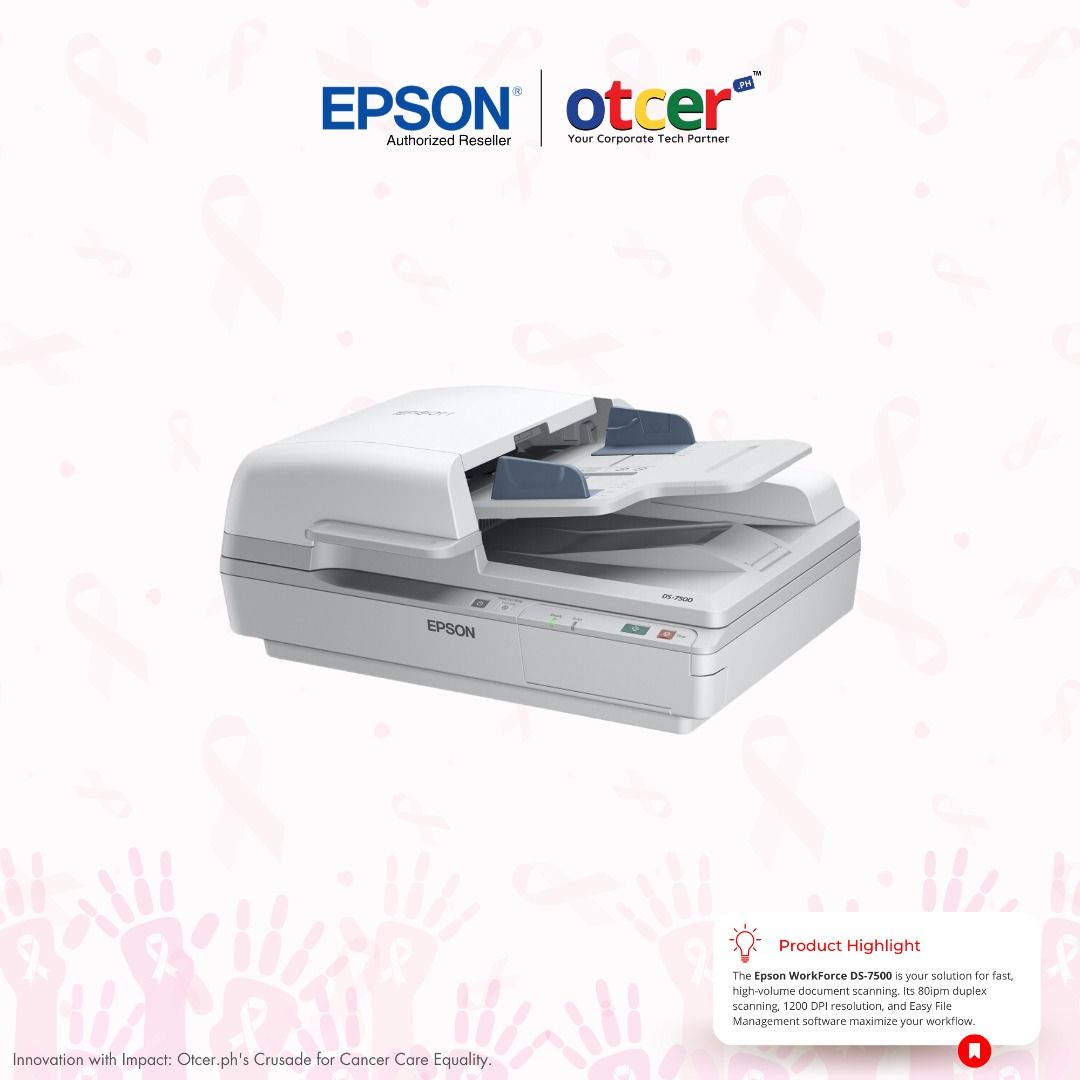 Epson WorkForce DS-7500 (Category: Printers, Scanners & Copiers) located in Pasig City. Submitted by otcer.philippines (Listing ID 1290435151, Image 2). Description: Protect your business from document disasters! The Epson WorkForce DS-7500 secures your data with searchable PDFs, cloud backups, and double-feed prevention for accurate digitization. Invest in peace of mind for Php 81,990.00. Contact us: https://otcer.ph, +63 919 839 9123, or sales@