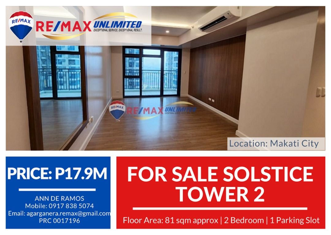 For Sale Solstice Tower 2 (Category: Apartments & Condos) located in Makati City. Submitted by REMAXUNLIMITEDPH (Listing ID 1290302659, Image 1). Description: For Sale: Solstice Tower 2 Location: Hippodromo, Circuit Makati Corner 2Bedroom Unit Floor Area: 81 SQM with 1 parking slot Brand New and Never been used with balcony facing swimming pool and amenity area and Circuit Events Grounds Ready for Occupancy Upgraded with drop ceiling and pin ligh